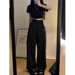 梨形身材休閒工裝褲女大碼胖mm夏薄款遮胯垂感高腰寬松西裝濶腿褲