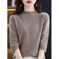 2025秋冬款羊絨衫短袖女半高領羊毛簡約寬松薄款七分袖羊毛衫ins