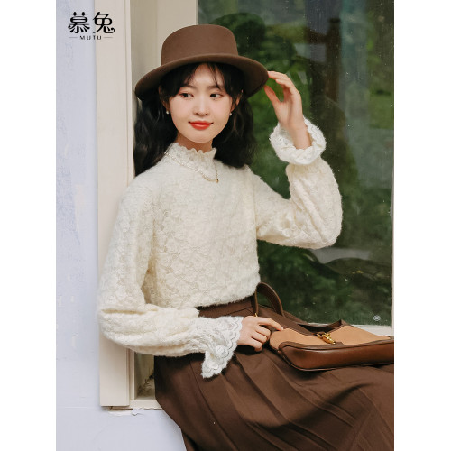 慕兔加絨半高領內搭打底衫女2025秋季新款洋氣獨特別致蕾絲衫上衣