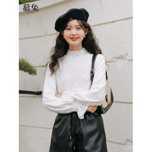 慕兔加絨半高領內搭打底衫女2025秋季新款洋氣獨特別致蕾絲衫上衣