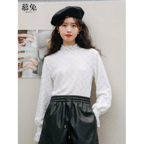 慕兔加絨半高領內搭打底衫女2025秋季新款洋氣獨特別致蕾絲衫上衣