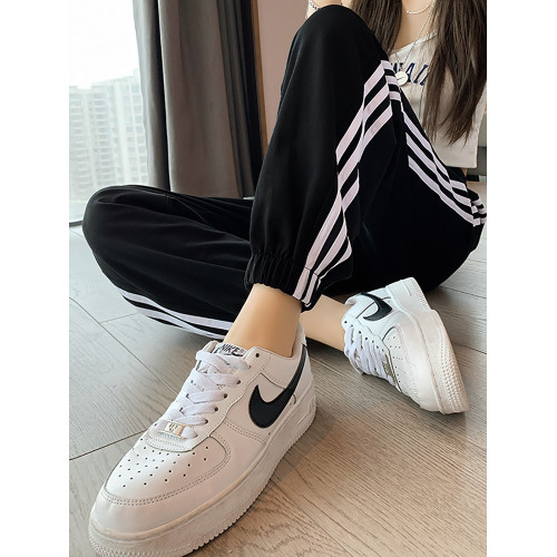 黑色運動褲女秋冬季加厚小個子寬松休閒三條杠燈籠衛褲子2025新款