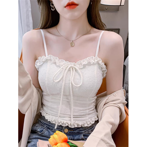 木耳蕾絲花邊吊帶背心女內搭打底外穿帶胸墊純欲奶甜辣妹抹胸上衣