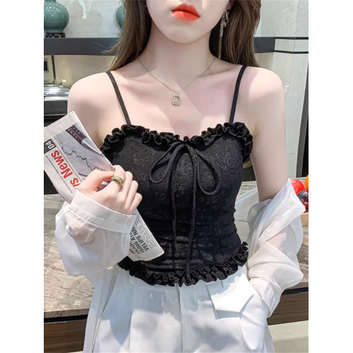 木耳蕾絲花邊吊帶背心女內搭打底外穿帶胸墊純欲奶甜辣妹抹胸上衣