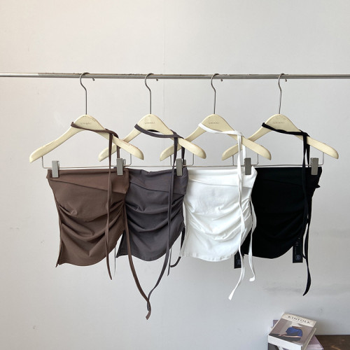 掛脖純色短款帶胸墊系帶抹胸女2024秋裝韓版百搭辣妹美背吊帶上衣