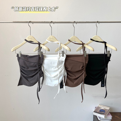 掛脖純色短款帶胸墊系帶抹胸女2024秋裝韓版百搭辣妹美背吊帶上衣