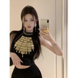 黑色重工燙片掛脖小背心女夏季修身顯瘦純欲辣妹小衆短款外穿上衣