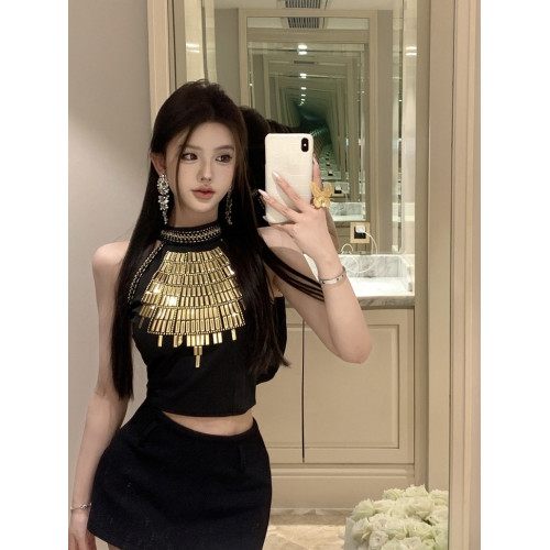 黑色重工燙片掛脖小背心女夏季修身顯瘦純欲辣妹小衆短款外穿上衣