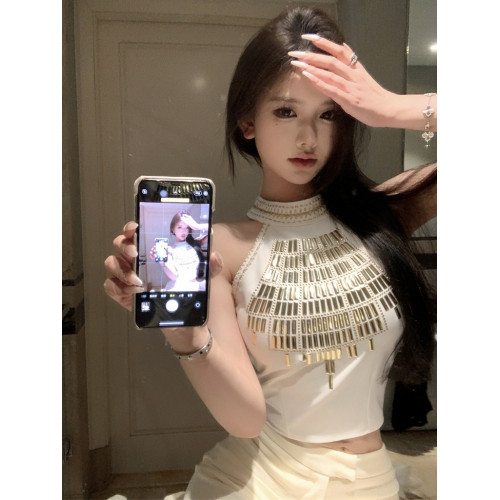 黑色重工燙片掛脖小背心女夏季修身顯瘦純欲辣妹小衆短款外穿上衣