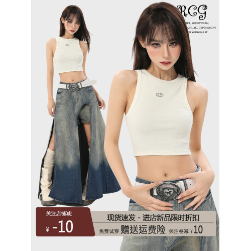 美式白色工字吊帶小背心女夏季無袖內搭外穿短款辣妹帶胸墊上衣夏