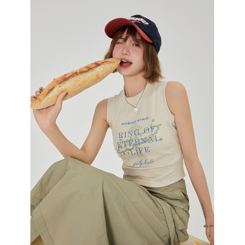 Girlyhalo美式復古吊帶背心女夏季新款原創印花設計短款辣妹上衣