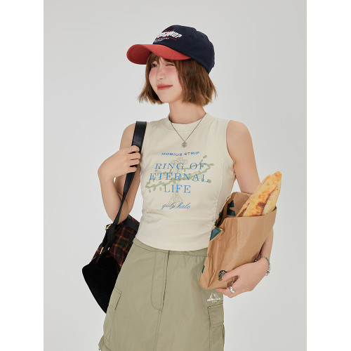 Girlyhalo美式復古吊帶背心女夏季新款原創印花設計短款辣妹上衣