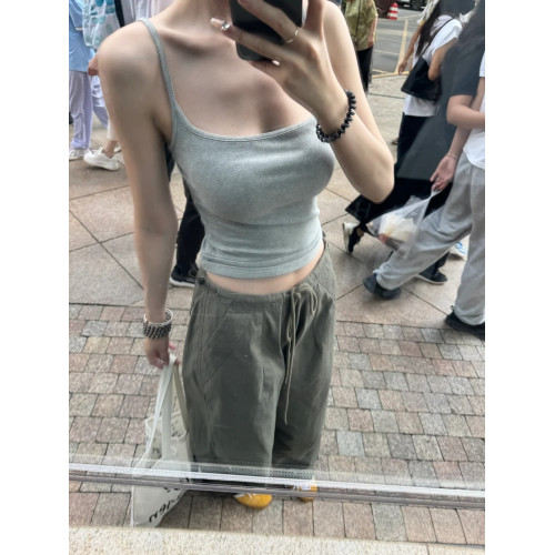 法式高級感灰色緊身辣妹大領口鎖骨純欲吊帶背心女夏季bm風打底衣