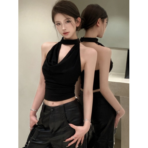 純欲氣質收腰掛脖吊帶背心女夏季外穿蕩領設計感小衆短款辣妹上衣