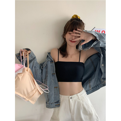 冰絲吊帶背心女內搭夏季薄款純色無痕學生抹胸防走光帶胸墊美背短