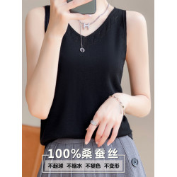 2025春秋季新薄款桑蠶絲吊帶女士V領鏤空內搭針織打底衫背心上衣