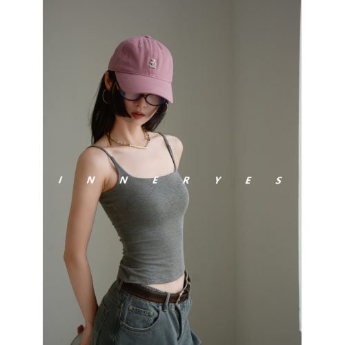 INNER YES梅子小方亞麻帶胸墊吊帶背心女內搭外穿灰色黑色上衣