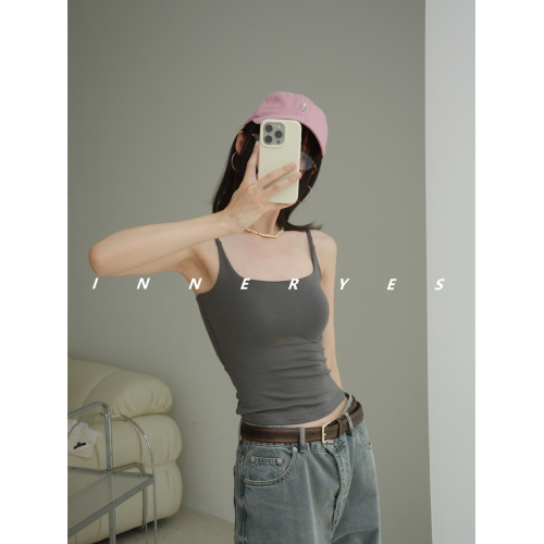 INNER YES梅子小方亞麻帶胸墊吊帶背心女內搭外穿灰色黑色上衣
