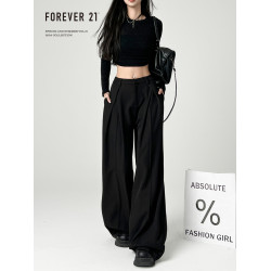 Forever 21顯瘦黑色濶腿褲女高級感垂感西裝褲女寬松休閒梧桐褲子