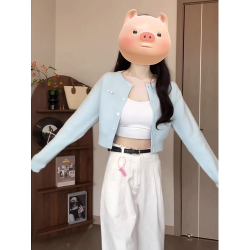 2025新款慵懶風藍色針織外套女早秋季小個子短款外搭上衣毛衣開衫