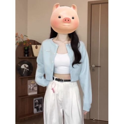 2025新款慵懶風藍色針織外套女早秋季小個子短款外搭上衣毛衣開衫