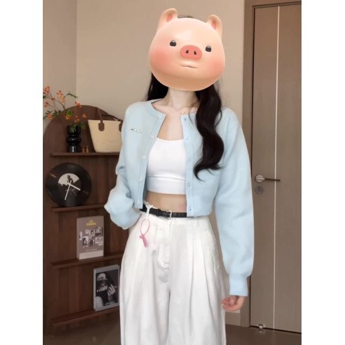 2025新款慵懶風藍色針織外套女早秋季小個子短款外搭上衣毛衣開衫