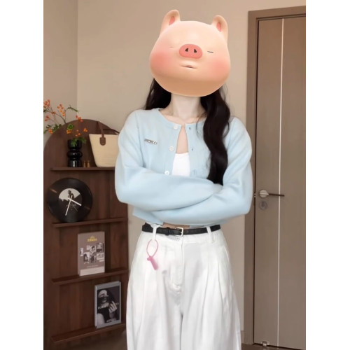 2025新款慵懶風藍色針織外套女早秋季小個子短款外搭上衣毛衣開衫