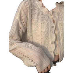 韓系早春秋珍珠鏤空馬海毛針織開衫薄款毛衣女外套短款上衣設計感