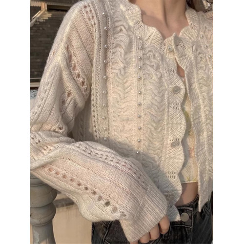 韓系早春秋珍珠鏤空馬海毛針織開衫薄款毛衣女外套短款上衣設計感 韓系早春秋珍珠鏤空馬海毛針織開衫薄款毛衣女外套短款上衣設計感