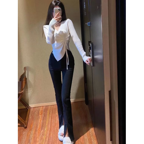 法式v領顯瘦針織衫毛衣女秋冬季大碼胖mm設計感氣質收腰內搭上衣