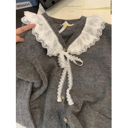 娃娃領毛衣女春秋慵懶可愛甜美蕾絲V領針織開衫外套日系溫柔上衣