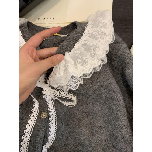 娃娃領毛衣女春秋慵懶可愛甜美蕾絲V領針織開衫外套日系溫柔上衣 娃娃領毛衣女春秋慵懶可愛甜美蕾絲V領針織開衫外套日系溫柔上衣