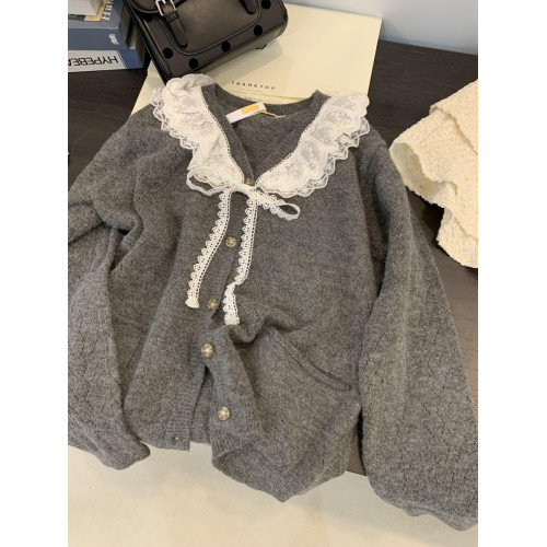 娃娃領毛衣女春秋慵懶可愛甜美蕾絲V領針織開衫外套日系溫柔上衣 娃娃領毛衣女春秋慵懶可愛甜美蕾絲V領針織開衫外套日系溫柔上衣