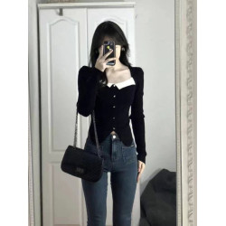 大碼法式方領泡泡袖針織衫女秋冬修身內搭打底衫設計感上衣高級感