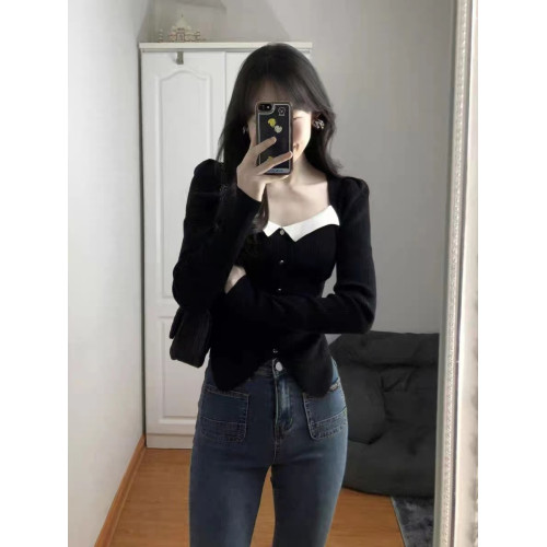 大碼法式方領泡泡袖針織衫女秋冬修身內搭打底衫設計感上衣高級感 大碼法式方領泡泡袖針織衫女秋冬修身內搭打底衫設計感上衣高級感