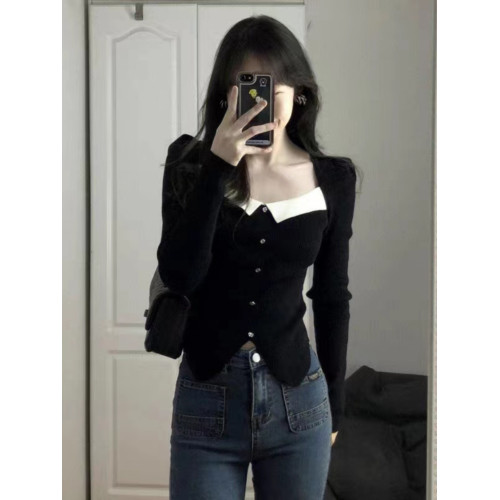 大碼法式方領泡泡袖針織衫女秋冬修身內搭打底衫設計感上衣高級感 大碼法式方領泡泡袖針織衫女秋冬修身內搭打底衫設計感上衣高級感