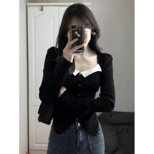 大碼法式方領泡泡袖針織衫女秋冬修身內搭打底衫設計感上衣高級感 大碼法式方領泡泡袖針織衫女秋冬修身內搭打底衫設計感上衣高級感