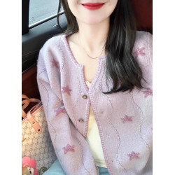 春秋新款洋氣別致圓領五角星提花針織衫時尚溫柔小衆設計開衫上衣