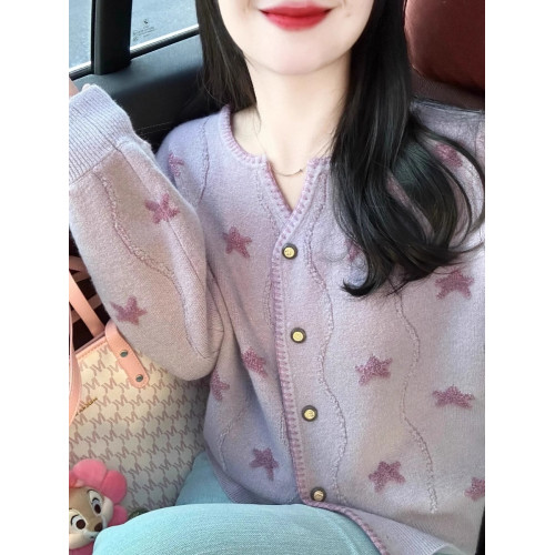 春秋新款洋氣別致圓領五角星提花針織衫時尚溫柔小衆設計開衫上衣
