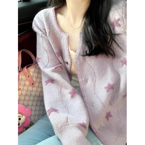 春秋新款洋氣別致圓領五角星提花針織衫時尚溫柔小衆設計開衫上衣