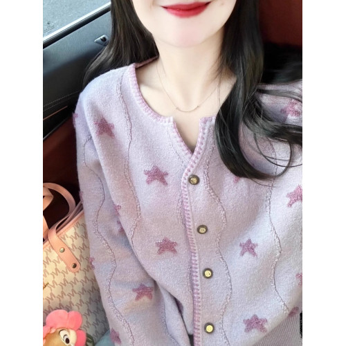春秋新款洋氣別致圓領五角星提花針織衫時尚溫柔小衆設計開衫上衣