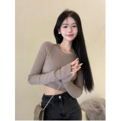 灰色長袖針織衫女2025春秋內搭修身短款露臍洋氣緊身打底衫上衣潮