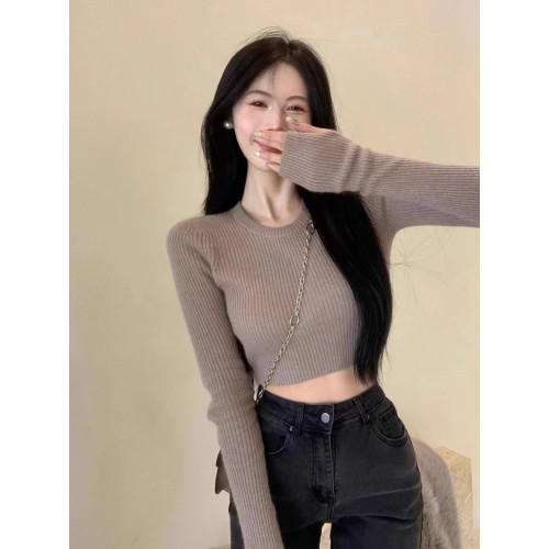 灰色長袖針織衫女2025春秋內搭修身短款露臍洋氣緊身打底衫上衣潮