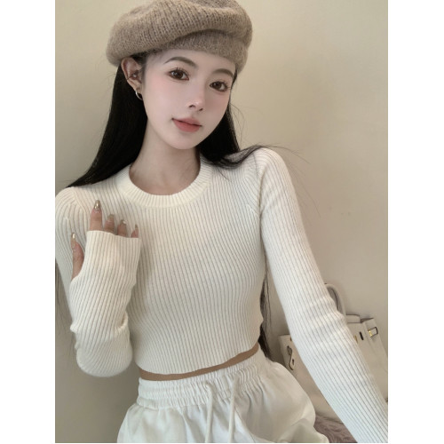 灰色長袖針織衫女2025春秋內搭修身短款露臍洋氣緊身打底衫上衣潮