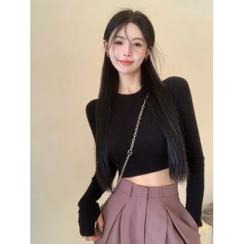 灰色長袖針織衫女2025春秋內搭修身短款露臍洋氣緊身打底衫上衣潮