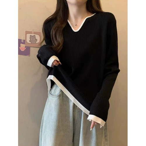 法式針織衫正肩長袖T恤女秋冬設計感大碼胖妹妹V領黑色毛衣打底衫 法式針織衫正肩長袖T恤女秋冬設計感大碼胖妹妹V領黑色毛衣打底衫