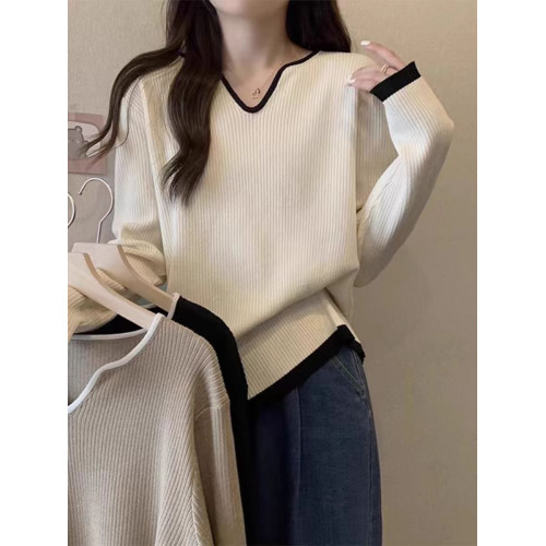 法式針織衫正肩長袖T恤女秋冬設計感大碼胖妹妹V領黑色毛衣打底衫 法式針織衫正肩長袖T恤女秋冬設計感大碼胖妹妹V領黑色毛衣打底衫