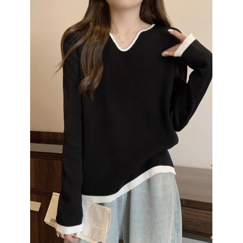 法式針織衫正肩長袖T恤女秋冬設計感大碼胖妹妹V領黑色毛衣打底衫 法式針織衫正肩長袖T恤女秋冬設計感大碼胖妹妹V領黑色毛衣打底衫