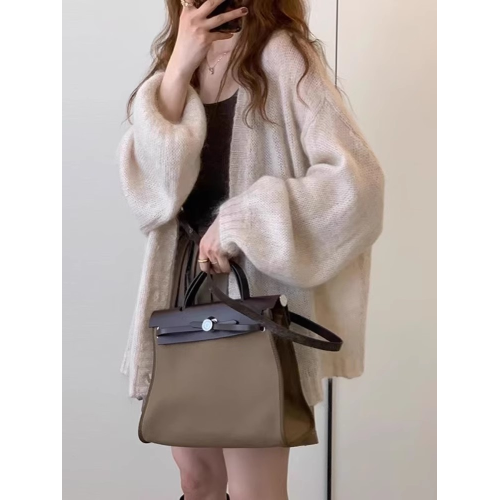 復古燈籠袖馬海毛針織開衫薄款外套女2025新款慵懶風毛衣寬松上衣