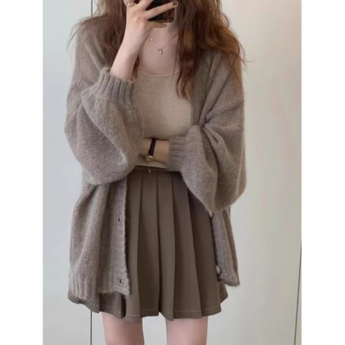 復古燈籠袖馬海毛針織開衫薄款外套女2025新款慵懶風毛衣寬松上衣